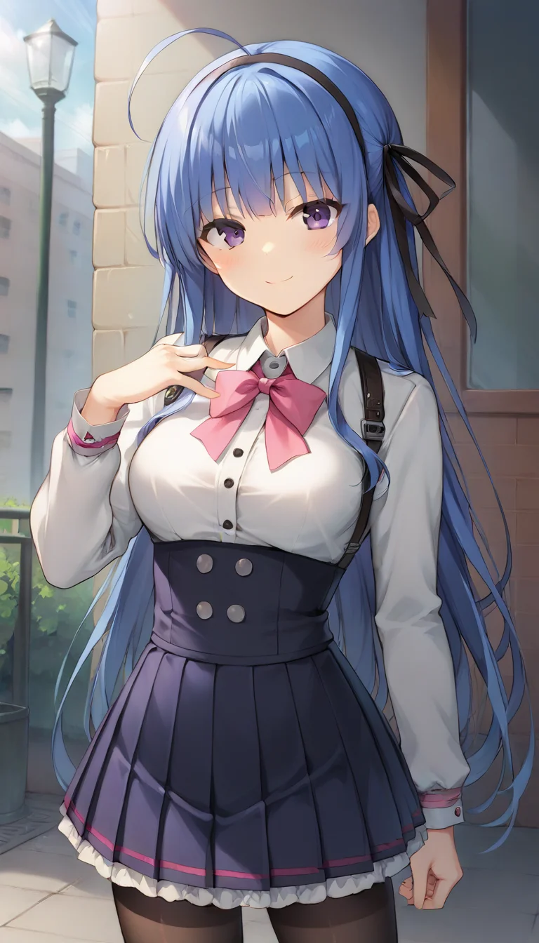 score_9,score_8_up,score_7_up,score_6_up BREAK official art,solo,outdoors,cowboy shot,looking at viewer,facing viewer,smile,blush,Karen Hikosaki,ahoge,very long hair,blue hair,hair ribbon,black ribbon,sidelocks,bangs,purple eyes,collared shirt,white shirt,pink bow,long sleeves,medium breasts,black skirt,pleated skirt,frilled skirt,black pantyhose,black footwear,cross-laced footwear,<lora:Karen Hikosaki(pa)-Pony:1.2>,