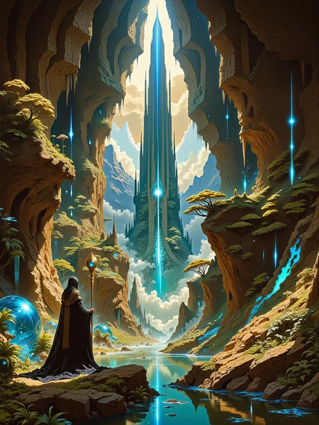 epic high fantasy scene, inspired by classic landscape artists with elements of romanticism, oil on canvas, low angle view emphasizing the dramatic scale, and a sense of awe in the presence of natureâs grandeur, dappled sunlight, a secluded valley in a mystical world, framed by steep, towering cliffs covered in lush, ancient flora, leading the eye toward a distant, ethereal spire that rises majestically on the horizon, in the foreground, a lone figure dressed in flowing, dark robes stands by a reflective pool, gazing toward the distant spire, the valley floor is scattered with moss-covered rocks and shallow pools that mirror the soft, filtered light from above, bioluminescent plants in shades of teal to cyan line the cliff edges, casting subtle blue glows that blend harmoniously with the warm, natural tones of the landscape, the distant spire is partly veiled in mist, evoking a mysterious, ancient quality, the figure, small against the monumental landscape, embodies the romantic spirit of manâs smallness before nature, standing in quiet reverence, as if on a pilgrimage through a forgotten world, the figure wears a dark, flowing cloak with a hood and holds a long ornate staff with a large gleaming sapphire, adding an air of mystery, her stance is still and purposeful, suggesting a moment of introspection or awe as she takes in the sublime view before her, the format is a medium-long shot with a low angle view to enhance the towering cliffs and spire, creating a dramatic perspective that emphasizes the sheer scale of the landscape, with the viewer looking slightly upward, adding to the impression of vastness and grandeur, a soft, golden light suffuses the scene, reminiscent of early morning, casting gentle highlights across the foliage and creating a warm glow on the figure and rocks, the faint blue of the bioluminescent flora contrasts with the warm tones, adding a mystical quality to the scene, delicate mist drifts between the cliffs, enhancing the ethereal, dreamlike atmosphere, traditional oil on canvas, with rich, layered brushstrokes capturing the textures of the cliffs, foliage, and soft reflections on the water, subtle transitions between light and shadow evoke a sense of depth and mystery, high attention to detail in the plants and figure, while the distant elements are painted with a softer focus to draw attention toward the foreground, a harmonious color palette of warm tones, deep greens, and glowing blue accents, amanoer, style of carl spitzweg, <lora:style-carl_spitzweg-flux-by_tangbohu:0.24> <lora:style-yoshitaka_amano-elden_ring-flux-by_alicient:0.8> <lora:style-fantastic_landscapes-flux-by_artifyai:0.96> <lora:epic_gorgeous_details-balance-flux-by_flyway:0.8>
