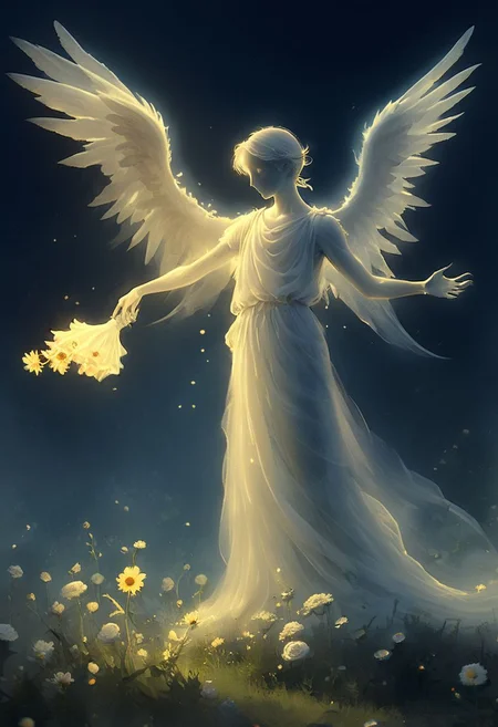 On a sunny day, in a graveyard, a young boy is offering flowers to a translucent ghost with wings