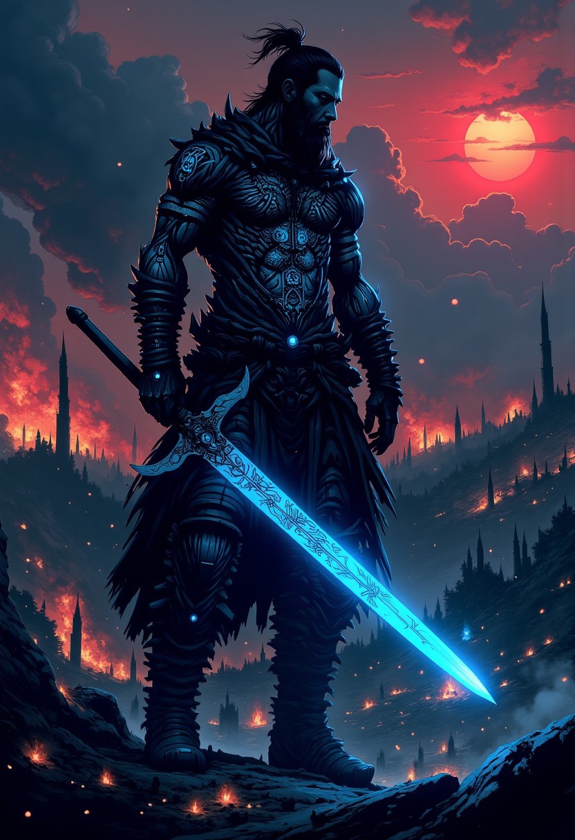 nistyle, "In a vast, desolate battlefield shrouded in twilight, a lone barbarian warrior stands, his muscular form adorned with intricate, bioluminescent tattoos that glow with a ghostly blue light. Each tattoo winds across his skin in patterns that suggest a connection to powers ancient and mystical, pulsing with a life of its own. The warrior grips a massive two-handed greatsword, its blade etched with arcane runes that emit a radiant blue glow. These runes are carved deep into the metal, each symbol flickering with energy, as though imbued with a consciousness from beyond. The barbarian’s gaze is fierce and unwavering, his eyes fixed on the horizon where smoke from the battle still rises. His tattoos and the sword’s glowing runes cast an eerie light over the dark landscape, creating a haunting silhouette against the ruined battlefield. The sky above is filled with stormy clouds tinged by the last light of a red sun, adding a sense of finality and mysticism to the scene. This warrior appears as both a destroyer and protector, a being of primal strength and arcane knowledge."