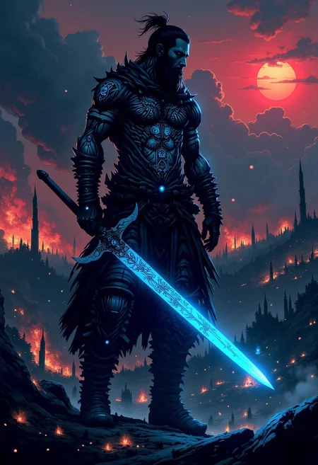 nistyle, "In a vast, desolate battlefield shrouded in twilight, a lone barbarian warrior stands, his muscular form adorned with intricate, bioluminescent tattoos that glow with a ghostly blue light. Each tattoo winds across his skin in patterns that suggest a connection to powers ancient and mystical, pulsing with a life of its own. The warrior grips a massive two-handed greatsword, its blade etched with arcane runes that emit a radiant blue glow. These runes are carved deep into the metal, each symbol flickering with energy, as though imbued with a consciousness from beyond. The barbarian’s gaze is fierce and unwavering, his eyes fixed on the horizon where smoke from the battle still rises. His tattoos and the sword’s glowing runes cast an eerie light over the dark landscape, creating a haunting silhouette against the ruined battlefield. The sky above is filled with stormy clouds tinged by the last light of a red sun, adding a sense of finality and mysticism to the scene. This warrior appears as both a destroyer and protector, a being of primal strength and arcane knowledge."