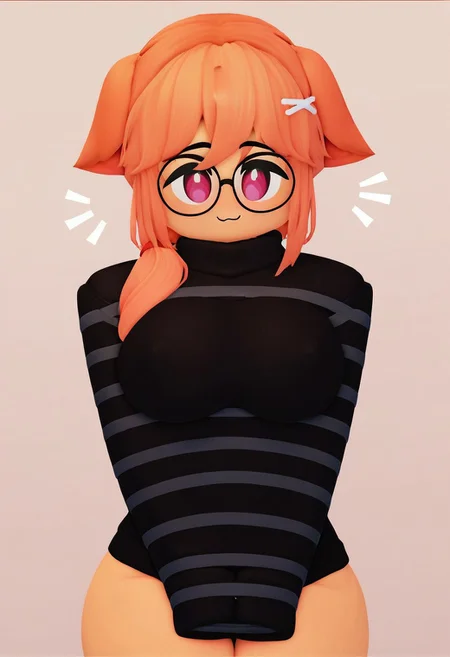 score_9_up, score_8_up, score_7_up, 1girl, solo, sweater, black sweater, glasses, smiling, tied up hair, l1ztroyrr34, roblox