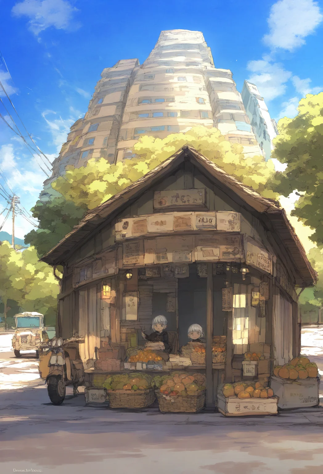 outdoors, sky, sitting, scenery, day, cloud, 1boy, power lines, 1girl, tree, short hair, box, building, white hair, motor vehicle, food, blue sky, basket
,masterpiece,best quality,very aesthetic,absurdres,
<lora:åºæ°´fornoob:0.95>