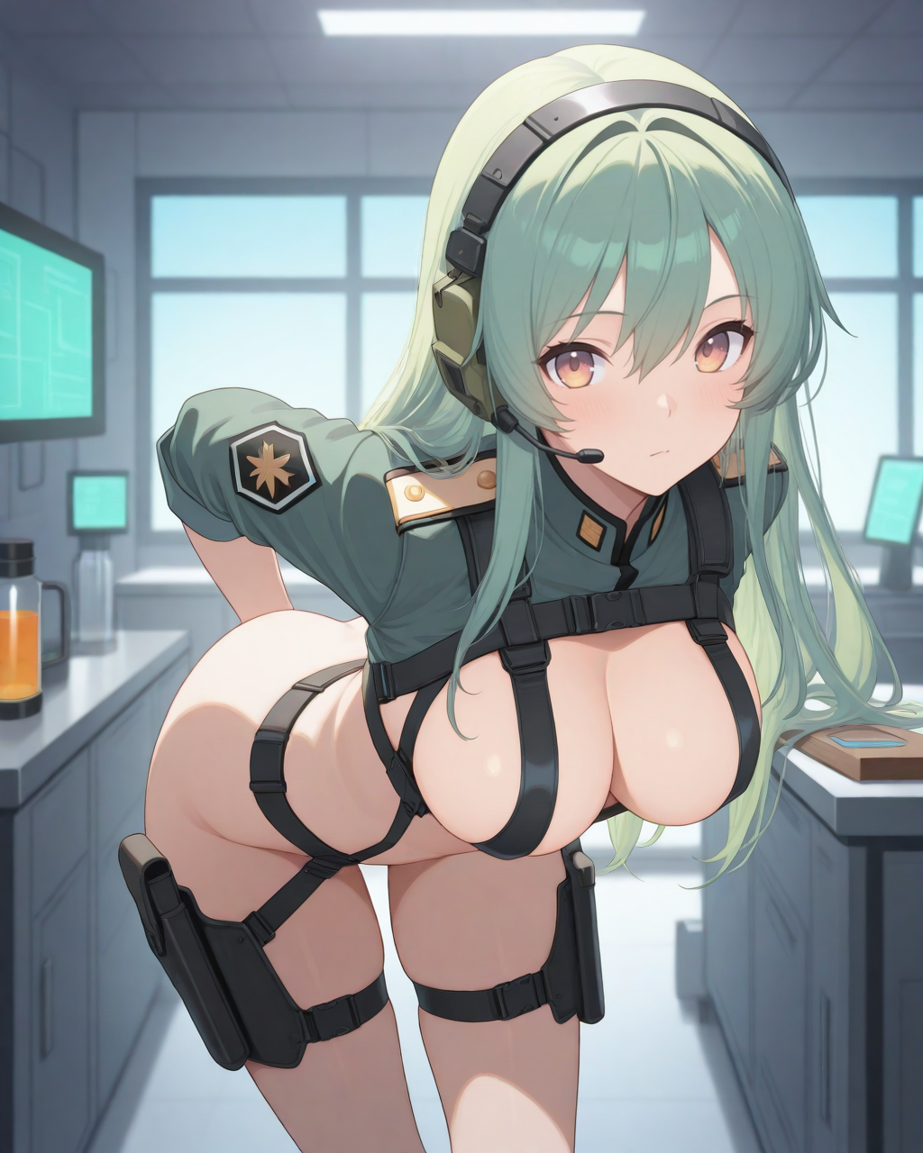 masterpiece,best quality,highres illustration,detailed face,1girl,cowboy shot,bent over,<lora:revealingsuit_IL:1>,revealing clothes,green hair,long hair,military uniform,holster,headset,lab,