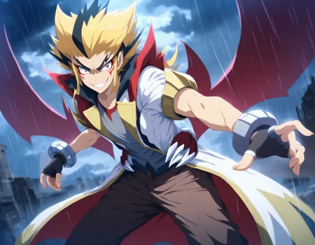 <lora:Bolt_Fuchigami:1>,bolt fuchigami,1boy,brown eyes,male focus,fingerless gloves,rain,solo,gloves,smile,grin,evil smile,evil grin,fingernails,wings,teeth,white-yellow-red long coat,cloudy sky,cloud,brown pants,grey shirt,bracelet,open coat,cowboy shot,masterpiece,high score,great score,absurdres,