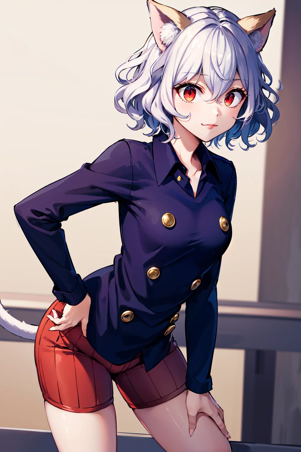 masterpiece, best quality, highres, neferpitou1, cat ears, (cat tail:0.6), solo, short hair, red eyes, long sleeves, hair between eyes, :3, curly hair, striped, cat girl, buttons, striped shorts, <lora:neferpitou_v1:0.6>, town, leaning forward, hand on hip,