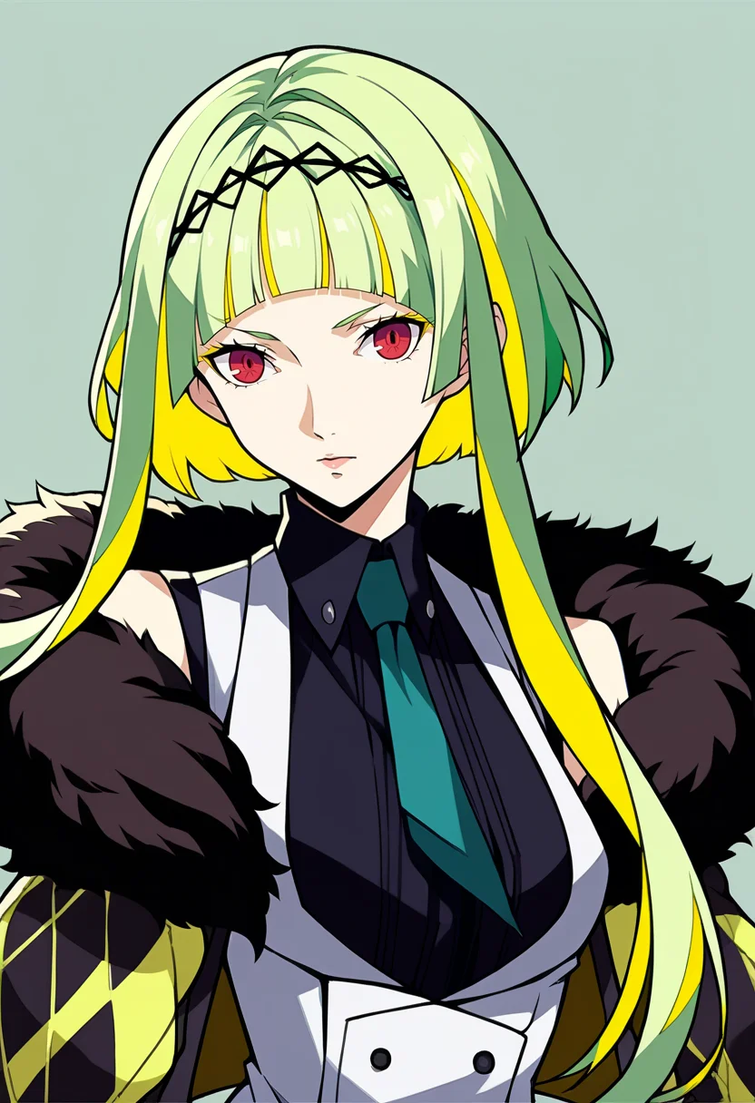 score_9, score_8_up, score_7_up, source_anime, BREAK, solo, 1girl, looking at viewer, <lora:P5-Portraits-pdxl_Fp:1>, simple background, portrait, <lora:Ringo-pdxl_Fp:1>, ringosh2, short hair with long locks, green hair, multicolored hair, red eyes, hairband, white vest, necktie, shirt, sleeveless, collared shirt, jacket, cropped jacket, fur trim,