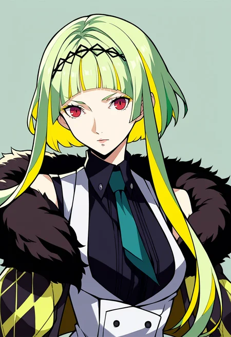 score_9, score_8_up, score_7_up, source_anime, BREAK, solo, 1girl, looking at viewer, <lora:P5-Portraits-pdxl_Fp:1>, simple background, portrait, <lora:Ringo-pdxl_Fp:1>, ringosh2, short hair with long locks, green hair, multicolored hair, red eyes, hairband, white vest, necktie, shirt, sleeveless, collared shirt, jacket, cropped jacket, fur trim,