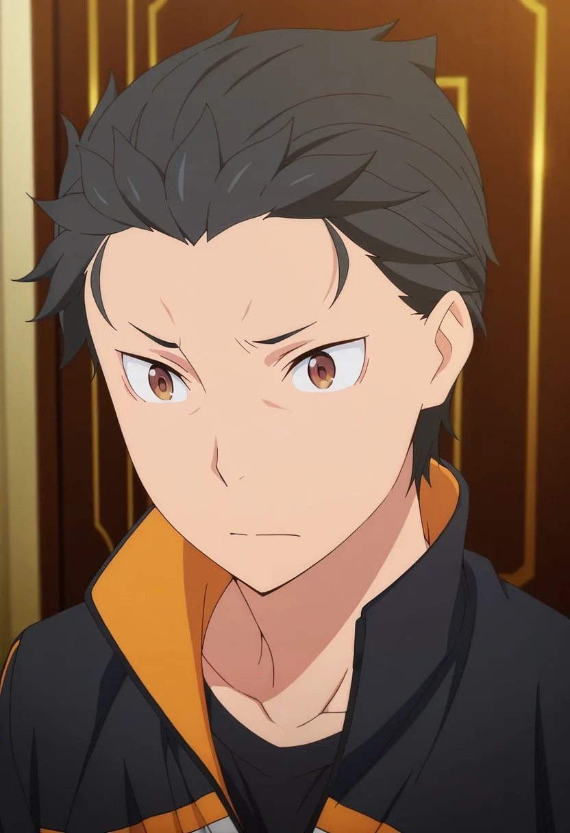 masterpiece, best quality, , anime screencap, anime coloring, , , 1boy, solo, male focus, <lora:subaru_natsuki_ilxl:0.92>, subaru_natsuki, black hair, brown eyes, short hair, natsuki subaru, hair slicked back, , ,