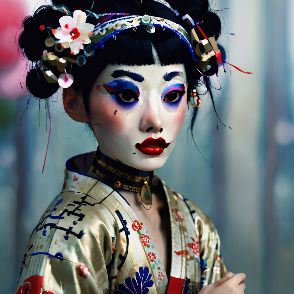 geisha, soft background, gorgeous, mystical, red lips and black hair, wearing a traditional japanese kimono, in glasses, by  albertomielgo <lora:AlbertoMielgo_style2_SDXL:0.9>