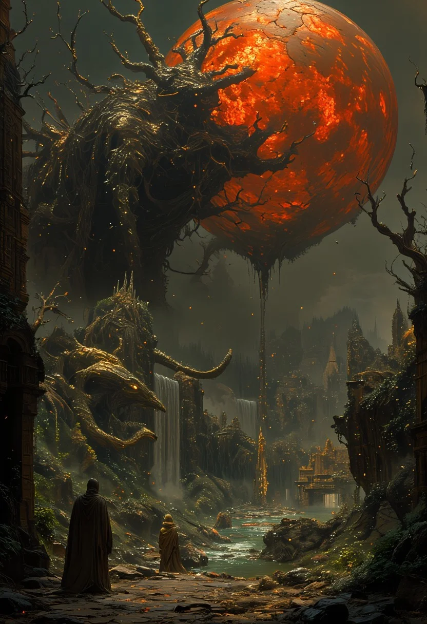 A desolate, haunted landscape dominated by a blood-red moon with gnarled arms reaching from its surface, casting eerie shadows. Below, a fire minotaur blazes, its form (disintegrating and dissolving into fog and smoke:1.9), (blending form with reality:1.9), merging into swirling mist and scattering smoke that engulfs the scene. Amid the chaos, a majestic emerald-green serpent-like dragon with shimmering scales and glowing golden eyes coils gracefully through cascading waterfalls and jagged cliffs, its presence serene yet commanding. A lone figure in a golden robe stands by a reflective stream, caught between the dissolving minotaur's fiery chaos and the dragon's mystical calm. Twisted, skeletal trees frame the scene, their claw-like branches stretching in anguish, while the decrepit silhouette of an old house looms in the fog. Volumetric lighting highlights drifting mist, cracked light, and scattering smoke, blending vibrant realism with an eerie, dreamlike atmosphere
