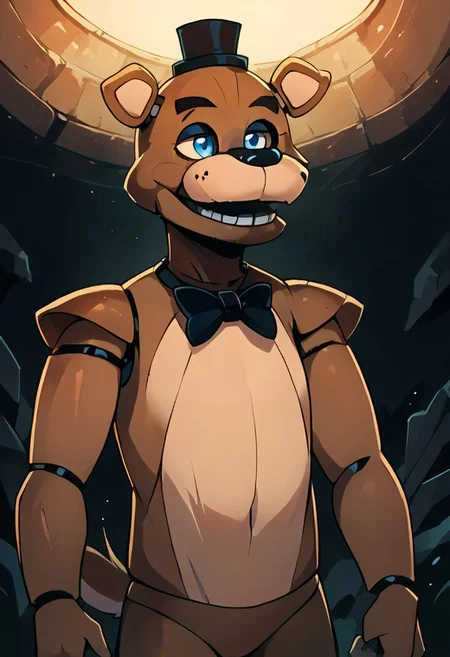SCORE_9, SCORE_8_UP, SOURCE_FURRY, BREAK, SOLO, HOUNDSONA, BLIND EYES, FEMALE, FURRY, DECREPIT, HOBBLING, freddy, brown fur, DARK CAVE, HIGH RESOLUTION, VIVID TEXTURES, DETAILED PUPILS