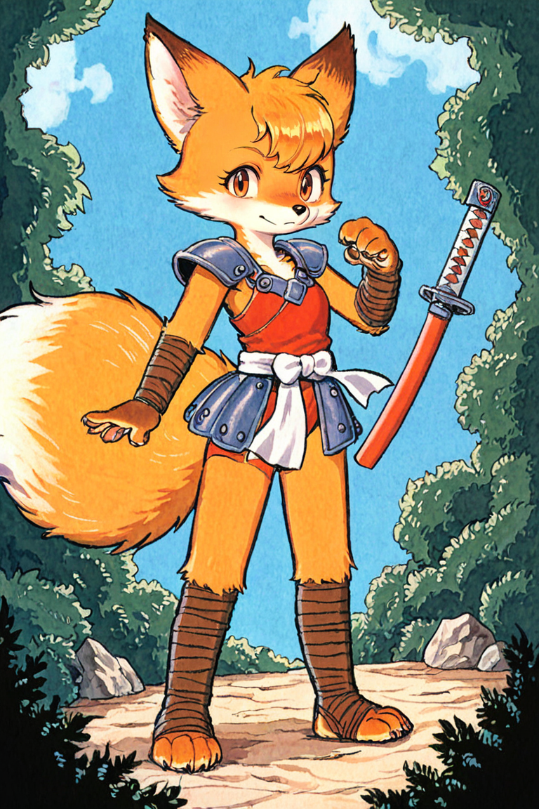 night prairie,(anthro fox girl:1.2),blonde hair,Samurai armor,paws,katana,one eye covered, 
 illustration,tezuka osamu, looking at viewer,reeds,wind,outdoors,bush
<lora:Perfect Hands:1> <lora:age_slider_v4:-3> <lora:osamu:0.9>, score_9, score_8_up, score_7_up, score_6_up, score_5_up, score_4_up,zPDXL