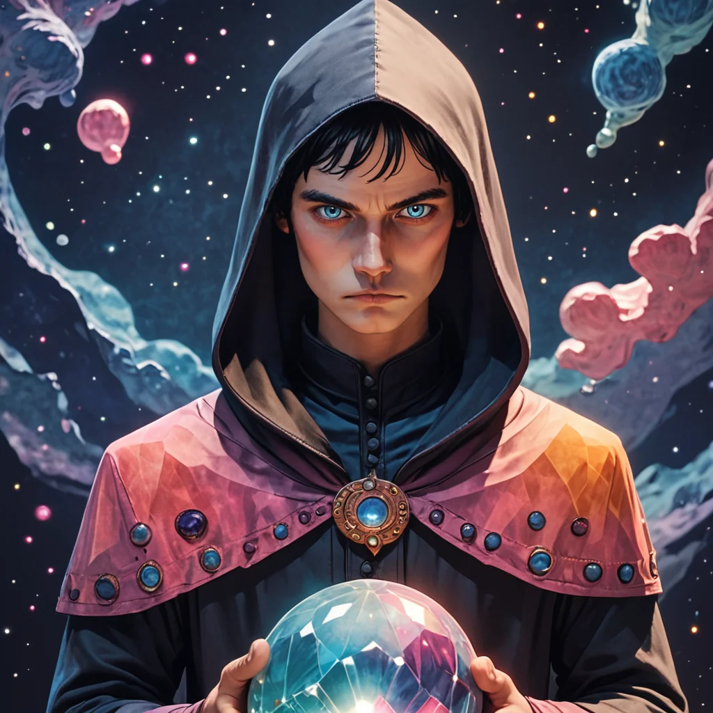 Score_9, score_8_up, score_7_up, score_6_up, BREAK <lora:Pastel_ReveriePony:1> ArsMJStyle, Pastel Reverie, The image is a portrait of a young man wearing a black hooded cloak with a hood that covers his head. He is holding a crystal ball in his hands and appears to be in the process of casting it into the air. The man has long dark hair and is looking directly at the camera with a serious expression on his face. The background is dark and filled with stars and nebula giving the impression of a mystical and mystical atmosphere. The colors are vibrant and the overall mood of the image is intense and powerful., 1girl, solo, hood, blue eyes, black hair, looking at viewer, hood up, robe, upper body, realistic
