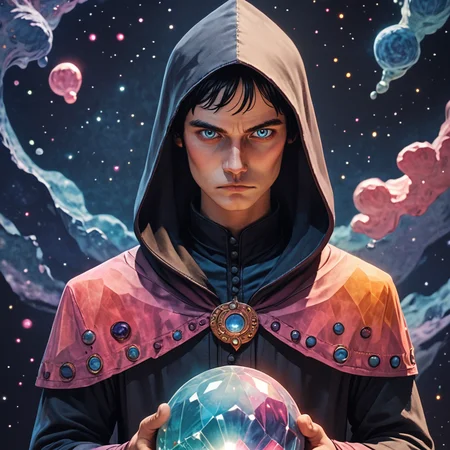Score_9, score_8_up, score_7_up, score_6_up, BREAK <lora:Pastel_ReveriePony:1> ArsMJStyle, Pastel Reverie, The image is a portrait of a young man wearing a black hooded cloak with a hood that covers his head. He is holding a crystal ball in his hands and appears to be in the process of casting it into the air. The man has long dark hair and is looking directly at the camera with a serious expression on his face. The background is dark and filled with stars and nebula giving the impression of a mystical and mystical atmosphere. The colors are vibrant and the overall mood of the image is intense and powerful., 1girl, solo, hood, blue eyes, black hair, looking at viewer, hood up, robe, upper body, realistic