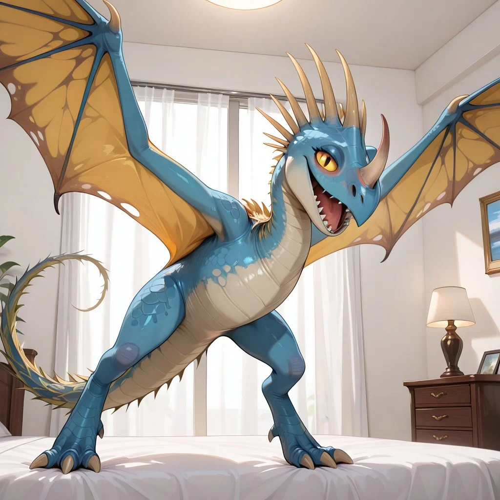 1girl, highres, absurdres, newest, masterpiece, best quality, furry, furry_female, deadly nadder, dragon, scales, wings, horns, tail, Stormfly_httyd, blue scales, yellow sclera, ((wyvern, no claws, horn on nose, nose horn:1.3)), (bipedal, feral:1.3), detailed eyes, (standing, spread wings), open_mouth, open mouth smile, luxurious detailed room, bright room, day scene, professional lighting, white bed, white room, white walls solo, bedroom, smiling, seductive, looking_at_viewer, masterpiece, full body, safe