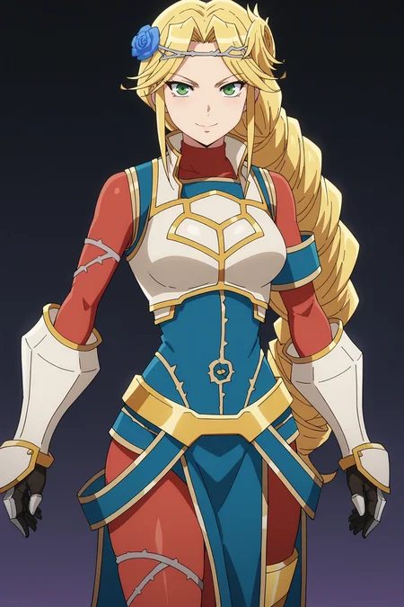 score_9, score_8_up, score_7_up, source anime, prefect lighting, very aesthetic, BREAK, anime screencap, anime coloring,
<lora:lakyus_overlord_v1-pdv6:0.9>, 1girl, lakyus alvein dale aindra, overlord \(maruyama\), blonde hair, green eyes,
lakyusout1, braid, hair flower, hair ornament, gloves, boots, armor, white footwear, gauntlets, blue flower,
BREAK, smile, looking at viewer, cowboy shot,
BREAK,