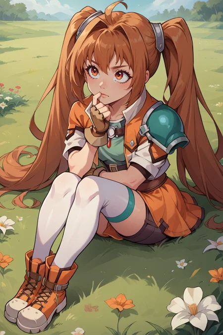 score_9, score_8_up, source_7_up, source_anime, BREAK 1girl <lora:estelle-pdxl-nvwls-v1:1> scEstelle, twintails, cropped jacket, orange and white jacket, green shoulder pad, tan shirt, orange skirt, shorts under skirt, belt, white thighhighs, brown gloves, orange boots, sitting on the ground, grass, flower, field, looking up, thinking, hand to chin, knees up