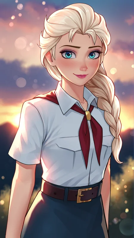 score_9, score_8_up, score_7_up,
best quality, masterpiece, ultra detailed,
looking at the viewer, looking at the camera,
portrait,
light smile, blush,
source_frozen, elsa,
black eyeliner cat eye,
pink lips,
white collared shirt, short sleeves, red neckerchief, neckerchief, belt, blue skirt,
sunset, warm light, cozy, sky, clouds,
amazing background, outdoors,
bokeh, blurry, blurry background,
<lora:Everlasting_Summer_Vanilla_Art_Style_by_GraffMetal:1>,