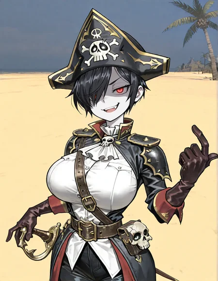 (2D,masterpiece,best quality,amazing quality, high resolution,looking at viewer,ultra-detailed,1 girl,solo,source_anime,cute,curvy,lovely,huge_breasts,beach,palm tree),Vampire Fleet Admiral,black hair,pale skin,black shoulder armor,tricorne,sheath,very short hair,red eyes,pale skin,shaded face,naughty face,smirk,open mouth,fang,black jacket,white shirt,leather belt,tsurime,skull decorated pirate hat,gloves,Tomboy,hair over one eye,beckoning,<lora:Vampire_Fleet_Admiral:1> ,<lora:ValbunStyle-IL:0.7>