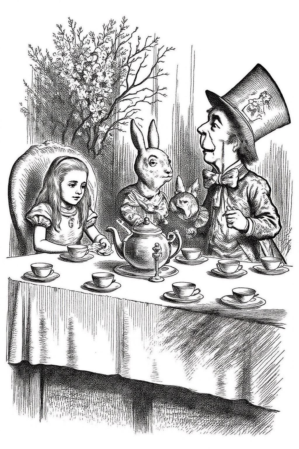 joten1 illustration.
A young girl, Alice in Wonderland, A rabbit, a rat, and the Mad Hatter at a tea party. At the center of the image, a large table covered with a white tablecloth is set for tea. On the table, there are multiple cups, saucers, and a teapot, arranged neatly. <lora:joten1_cap_d6a3e12:1.0><lora:821768372338513349:0>