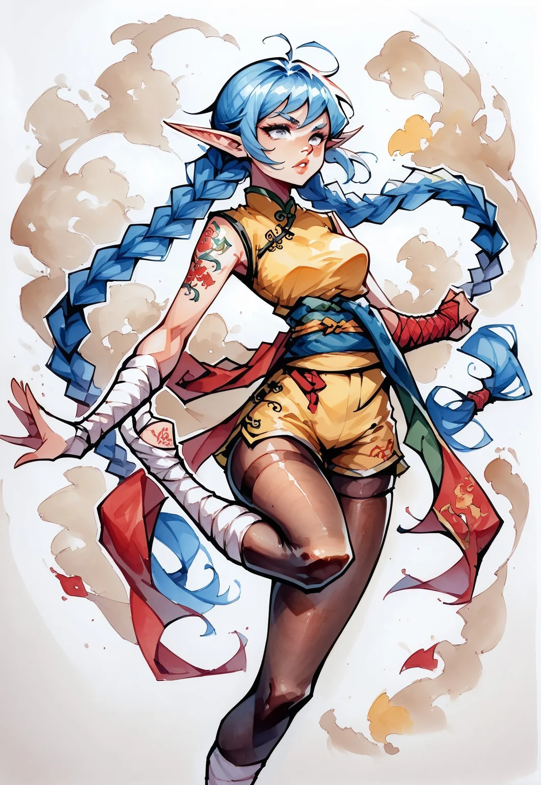 score_9, score_8_up, score_8, score_7_up, white outline, masterpiece, c4m3lt0, cartoon, comic, solo, traditional media,
We1La1, 1girl, elf, martial artist, adult, slender athletic build, pointed ears, cerulean-blue hair, long twin braids, very long braids, silver eyes, dragon-tattoo on arm, acrobat clothes, high waisted shorts, red and blue and gold clothing, chinese clothes, skindentation, tights, pantyhose, long sash around waist, leg wraps, foot wraps, calloused feet,
