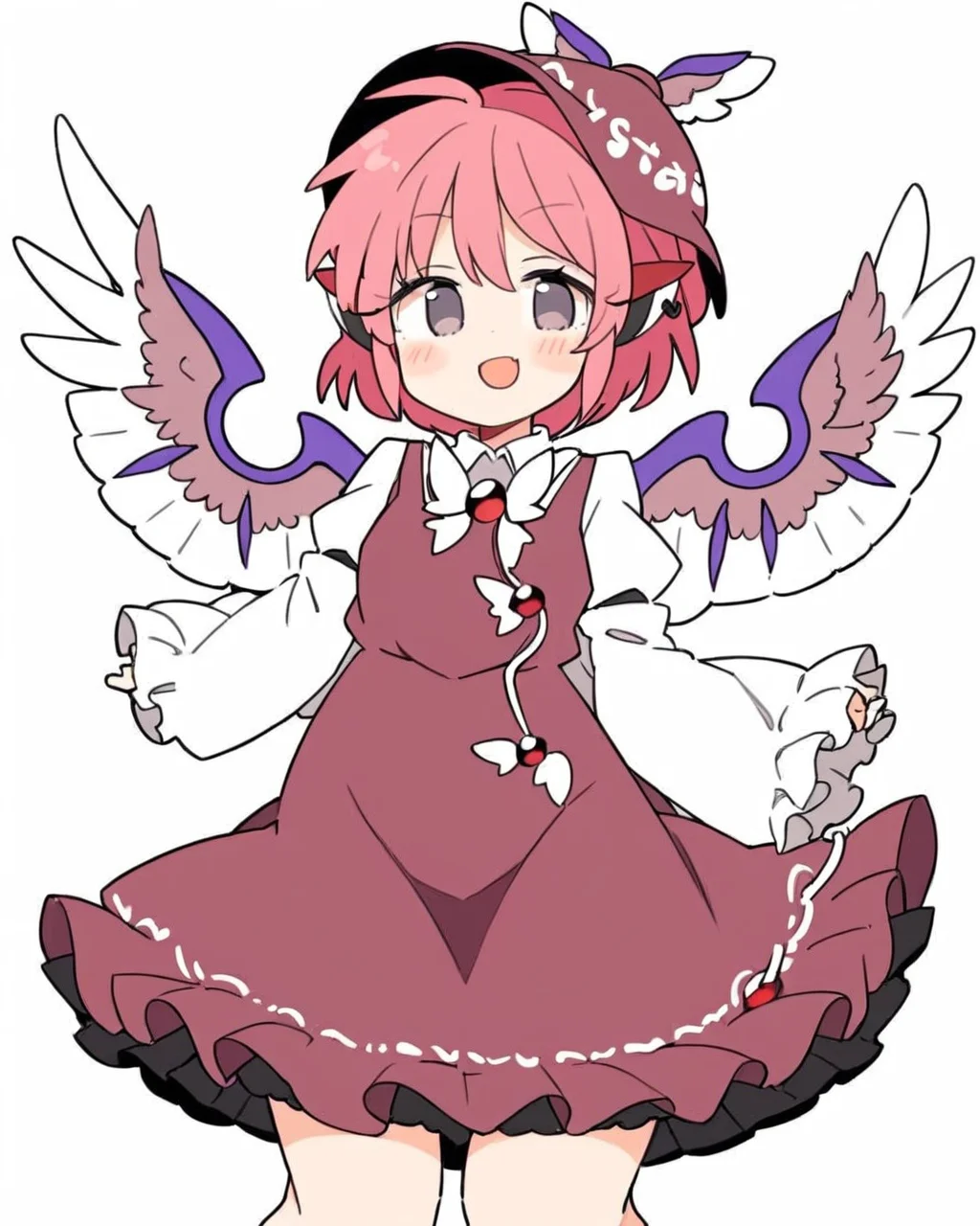 mystia lorelei,1girl, solo, open_mouth, brown_dress, skin_fang, winged_hat, long_sleeves, single_earring, simple_background, brown_headwear, white_wings, smile, white_background, bird_wings, frilled_sleeves, blush, hat, clothes_writing, wide_sleeves, ^_^, cropped_legs, arm_behind_head, facing_viewer, puffy_sleeves
<lora:mystia_lorelei_image8444_2023-12-14-000007:1>,star-shaped_pupils,symbol-shaped_pupils,. gorgeous,key visual, vibrant, studio anime,award-winning, professional, highly detailed,high budget, cinemascope