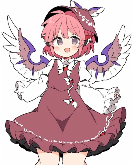 mystia lorelei,1girl, solo, open_mouth, brown_dress, skin_fang, winged_hat, long_sleeves, single_earring, simple_background, brown_headwear, white_wings, smile, white_background, bird_wings, frilled_sleeves, blush, hat, clothes_writing, wide_sleeves, ^_^, cropped_legs, arm_behind_head, facing_viewer, puffy_sleeves
<lora:mystia_lorelei_image8444_2023-12-14-000007:1>,star-shaped_pupils,symbol-shaped_pupils,. gorgeous,key visual, vibrant, studio anime,award-winning, professional, highly detailed,high budget, cinemascope