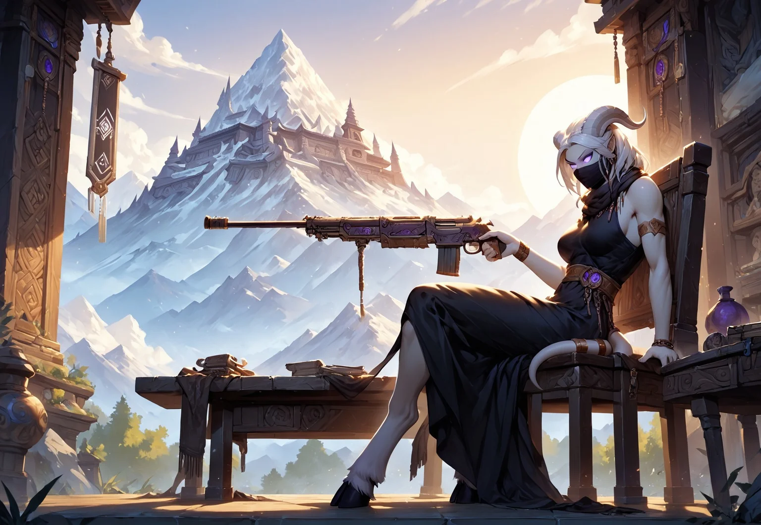 masterpiece, score_9, score_8_up, score_7_up, score_6_up, world of warcraft,

outdoor, evening, mountains,

(female, mature, draenei, h0rns, ram horns, white horns, athletic arms, pale white skin, long white hair, four fingers, one thumb), (purple eyes), stern face, stern look, 

(long loose black dress, simple armlet, black facemask, black silk scarf), GunMonk, shotgun, 

full body, side view, indoors, temple, sitting at table, legs on table, leaning back in chair