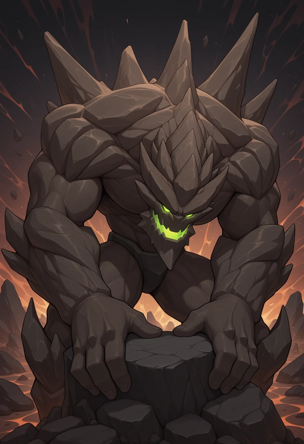 solo, 1boy, male focus, malphite, monster, green eyes, glowing eyes, rock, muscular, hunched over, abstract background, multicolored background, posing, 4 fingers,
perfect anatomy, masterpiece, perfect quality, best quality, detailed, newest, very aesthetic <lora:Malphite_LoL_V1_ILXL:0.8500000000000002>