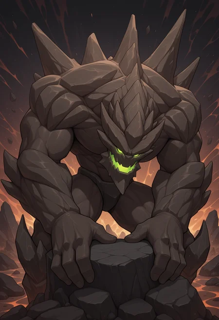 solo, 1boy, male focus, malphite, monster, green eyes, glowing eyes, rock, muscular, hunched over, abstract background, multicolored background, posing, 4 fingers,
perfect anatomy, masterpiece, perfect quality, best quality, detailed, newest, very aesthetic <lora:Malphite_LoL_V1_ILXL:0.8500000000000002>