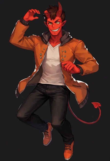 score_9, score_8_up, score_7_up, (best-quality: 1.5), 1boy, demon boy, red skin, yellow eyes, demon horns, demon tail, brown hair, orange jacket, white shirt, black pants, orange shoes, black-background:1.5, black background, simple background, detailed eyes, detailed-eyes:1.5, floating, unique pose, dynamic angle, solo:1.5, smirking, feh_seoreh_pnxl