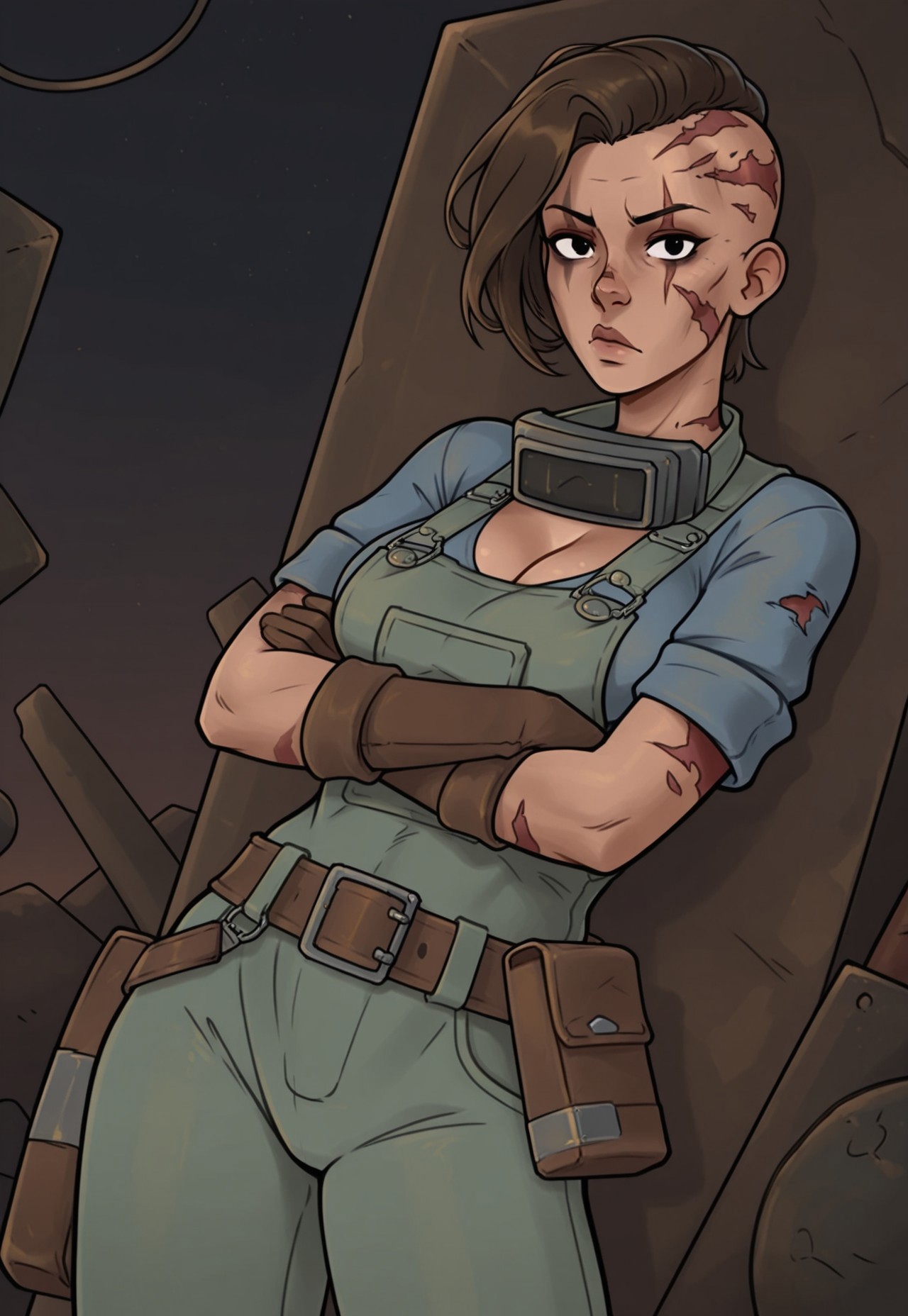 masterpiece, high quality, BREAK, dynamic angle, 1girl, s4ndy, solo, brown hair, short hair, scarred face, overalls, blue shirt, neckwear, belt, cleavage, arms crossed, looking at viewer