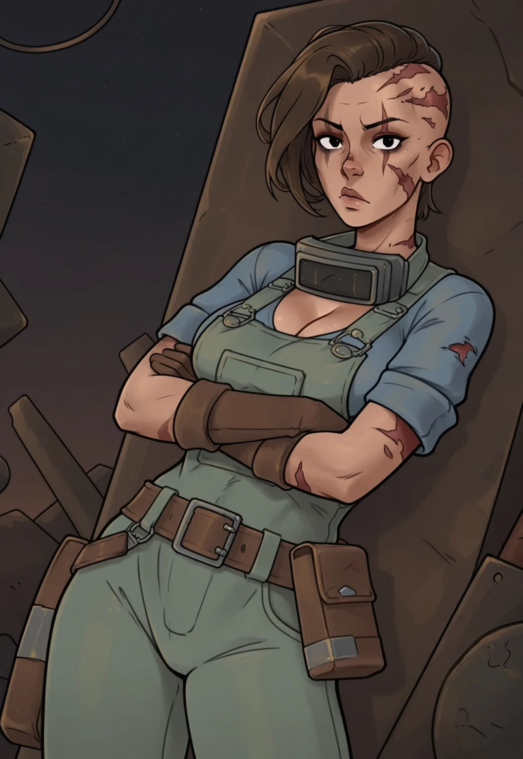 masterpiece, high quality, BREAK, dynamic angle, 1girl, s4ndy, solo, brown hair, short hair, scarred face, overalls, blue shirt, neckwear, belt, cleavage, arms crossed, looking at viewer
