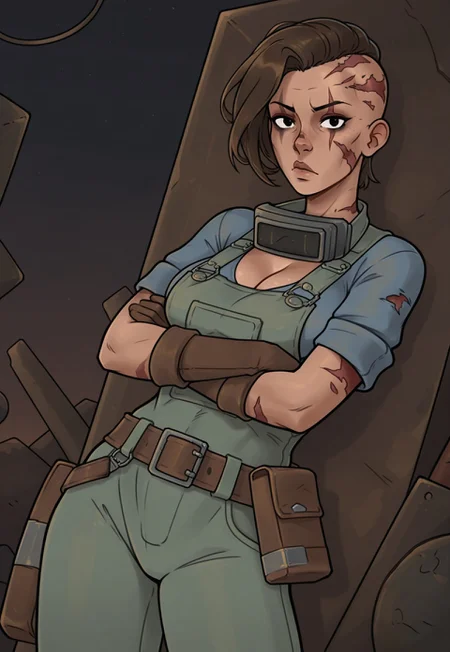 masterpiece, high quality, BREAK, dynamic angle, 1girl, s4ndy, solo, brown hair, short hair, scarred face, overalls, blue shirt, neckwear, belt, cleavage, arms crossed, looking at viewer
