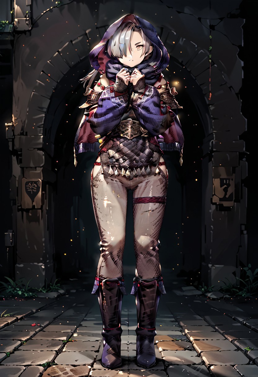 score_9, score_8_up, score_7_up,masterpiece,perfect face,high quality,highly detailed,high quality, source anime,high quality, source anime, 1girl, solo, hair over one eye, hood, backstreet, shadowlynx, pants, boots