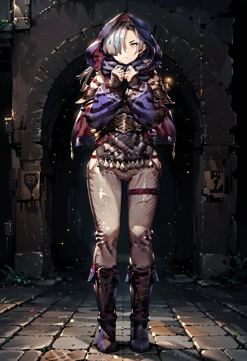 score_9, score_8_up, score_7_up,masterpiece,perfect face,high quality,highly detailed,high quality, source anime,high quality, source anime, 1girl, solo, hair over one eye, hood, backstreet, shadowlynx, pants, boots