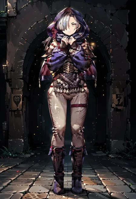 score_9, score_8_up, score_7_up,masterpiece,perfect face,high quality,highly detailed,high quality, source anime,high quality, source anime, 1girl, solo, hair over one eye, hood, backstreet, shadowlynx, pants, boots