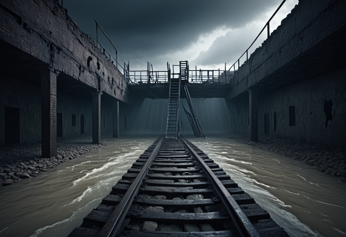 Walking across a desolate desert under a massive, stormy sky, Climbing a ladder in a collapsing building, Escaping from a subway tunnel as water begins to flood in, Janusz KamiÅski, Dion Beebe, Roger Deakins, Moody, Tense, Film-like grain, Light, Gloomy, Surreal, Raw, Cinematic, Expansive, Expressive masterpiece, best quality, absurd resolution, in the style of first person perspective,  <lora:artfullyHW1P:1> arthw1p, scenery, no humans,