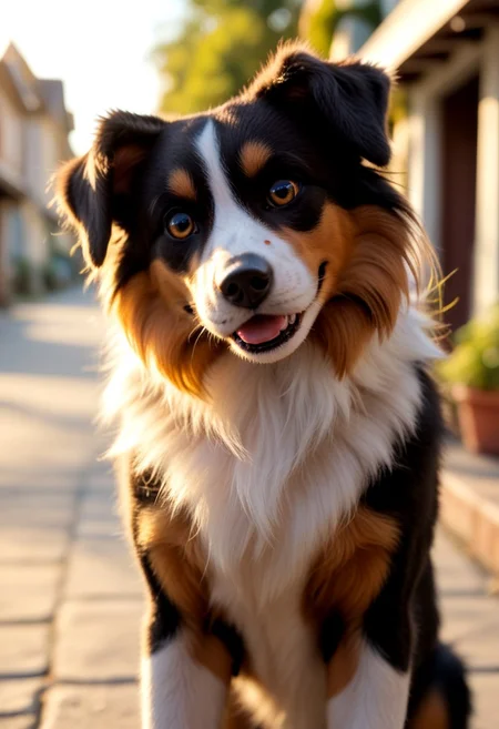 score_9, score_8_up, score_7_up, realistic, source_real, source_photo, 
A cute border collie puppy wagging its tail happily, village, Natural lighting, golden hour, b0c0
