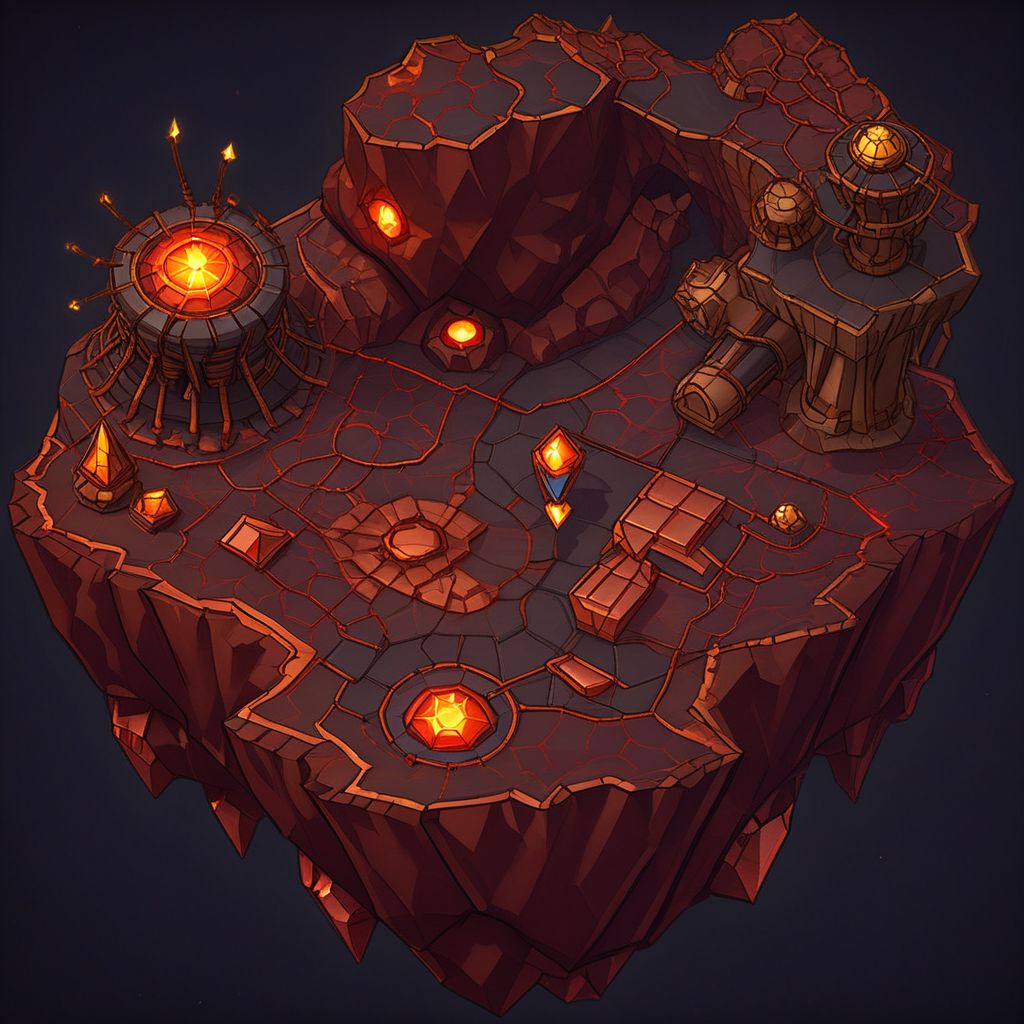 1 island, darkblack to to darkred, (lava:2.6) rock, cliff, lava strains, cracks, broken columns, tectonic fault, (ruins:0.5), lavascape, plain darkgray to gray background, mecha rusty parts around map, (((thick outlines:2.2))), (magic gemstone glowing darkred to copper:1.8), broken pillars arcs, (copper wires:1.8)