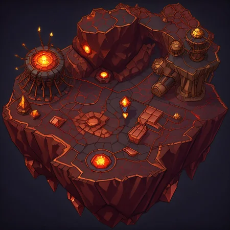 1 island, darkblack to to darkred, (lava:2.6) rock, cliff, lava strains, cracks, broken columns, tectonic fault, (ruins:0.5), lavascape, plain darkgray to gray background, mecha rusty parts around map, (((thick outlines:2.2))), (magic gemstone glowing darkred to copper:1.8), broken pillars arcs, (copper wires:1.8)