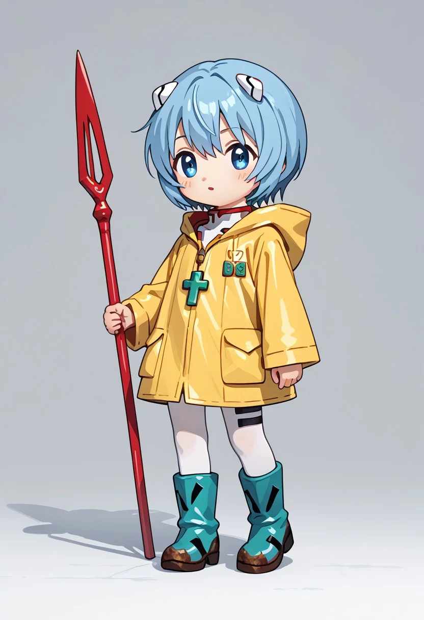 score_9, score_8_up, score_7_up,
highres, highly detailed, high resolution, high quality,
source_anime, anime screencap, saturation, vivid colors,
1girl, solo, luce, full body, standing,
light blue hair, big dark blue eyes, short hair, cute,
(long yellow raincoat:1.1), dirty green rubber boots,
cross on the neck,
reiayanamicosplay, ayanami rei \(cosplay\), bodysuit, headgear, plugsuit, white bodysuit,
holding red spear, evangelion spear, Spear of Longinus,
epic Sci-fi background,