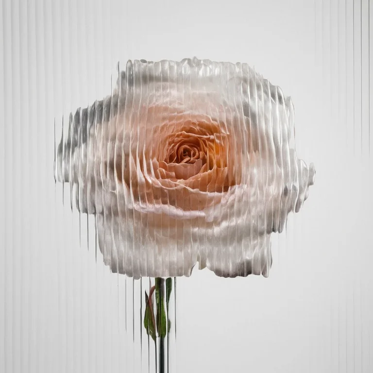 a rose, white background, curved glass, textured glass, fluted glass <lora:SDXL_Textured_glass_Test_Sa_May:1>