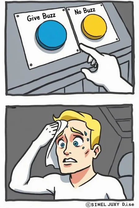 In twobuttonsmeme style. two buttons, ("Give Buzz":1.2) label above the blue button, ("No Buzz":1.2) label above the yellow button. The Towel Guy wiping sweat <lora:fluxgym-style-twobuttonsmeme-lora01-res:1.0><lora:783950025656082907:0>