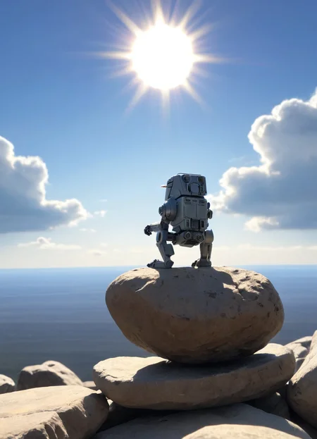 atstwlkr on his lunchbreak, sitting down on a pair of rocks, scenic, bright sun, blue sky, tiny clouds,
<lora:AT-ST_-_Scout_Walker_SDXL:0.8>
