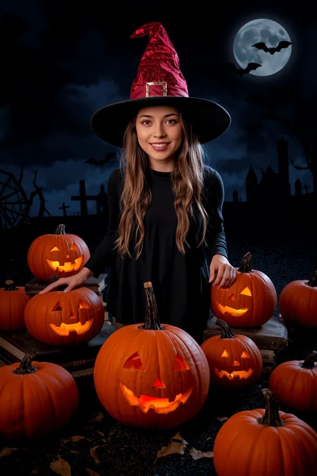 (Halloween pumpkins, jack-o-lantern), halloween night, horror, (bats), moon in the sky, portrait, (standing:1.2), happy smiling, red eyes,(very detailed), best quality, sharp focus, old magic books, Neon Red witch's hat, halloween_atmosphere, halloween_backgrounds, halloween_creatures, halloween_props_decorations, halloween_styles, halloween_weather, halloween_lighting, ethereal lights, backlight, shadows, high contrast, hdr, <lora:Anti-Blur:0.8> <lora:Hand v2:0.8> Detailed hand, Hand, Perfect hand <lora:aidmaImageUpgrader:0.8> aidmaimageupgrader