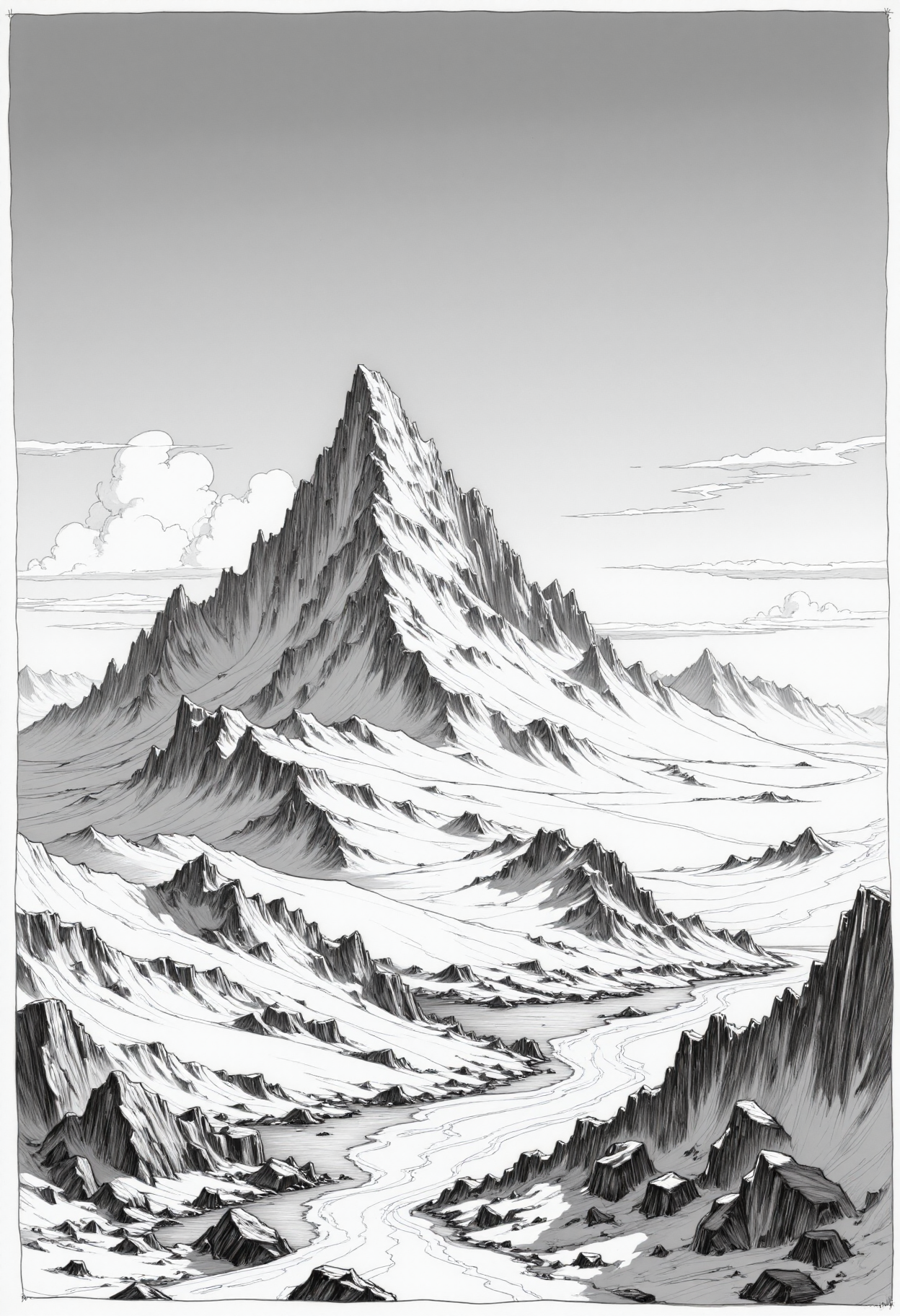 a monochrome drawing of a A mountain scene with a jagged, ice-covered peak rising into the blue sky, dramatic lighting
 <lora:arti_monopencildrawing_v01:1>