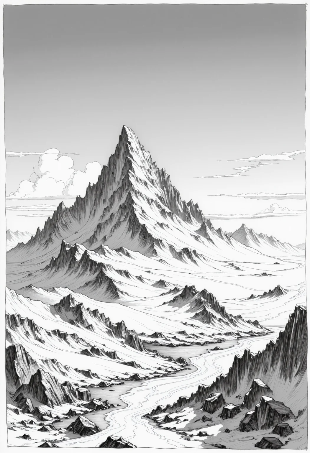 a monochrome drawing of a A mountain scene with a jagged, ice-covered peak rising into the blue sky, dramatic lighting
<lora:arti_monopencildrawing_v01:1>