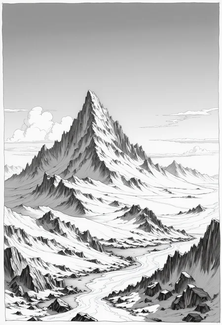 a monochrome drawing of a A mountain scene with a jagged, ice-covered peak rising into the blue sky, dramatic lighting
<lora:arti_monopencildrawing_v01:1>